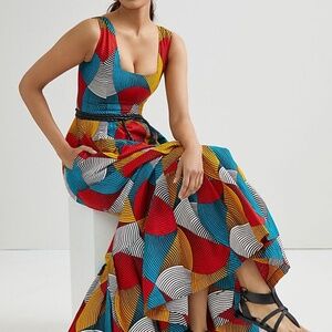 SIKA x Anthropologie Geometric Ruffle Hem Tank Maxi Dress 2 100% Cotton Pockets